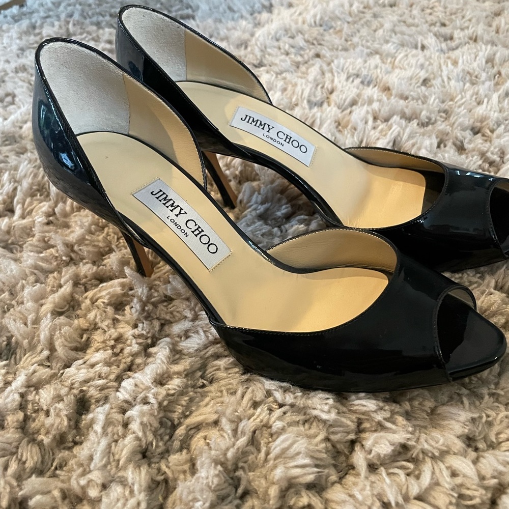 Jimmy Choo Black Patent Leather D’orsay Peep Toe pump size 38.5